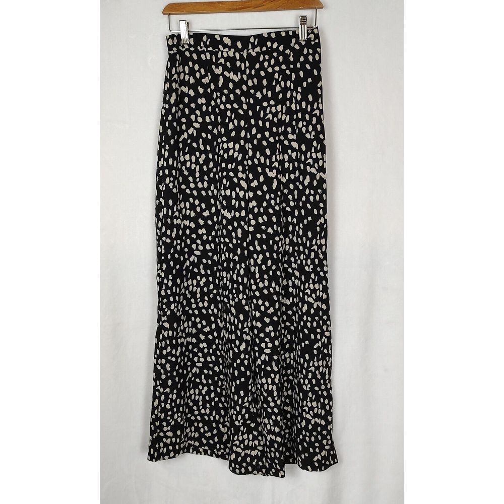 Womens Black Cream Abstract Spot Wide Leg High Rise Flowy Pants Trousers L